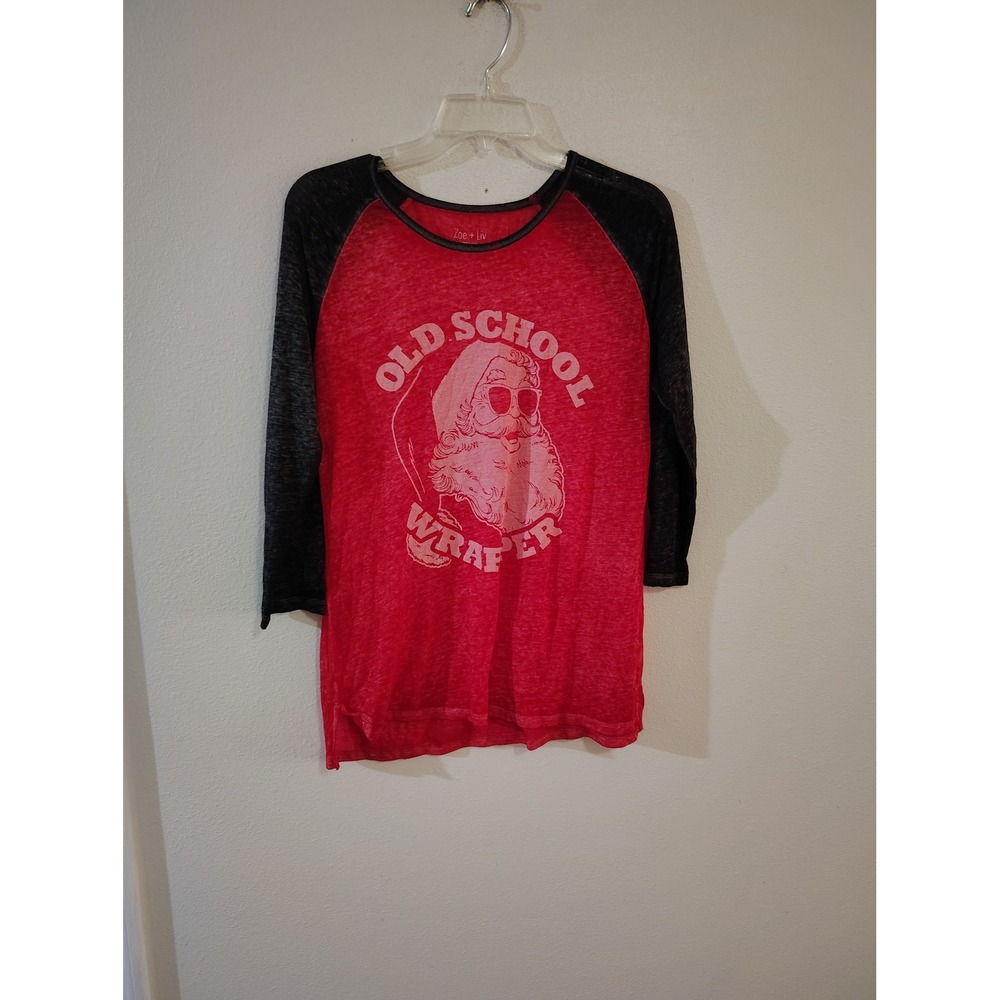 Zoe + Liv Old School Wrapper Santa Raglan Tee Red Black XL Christmas Graphic